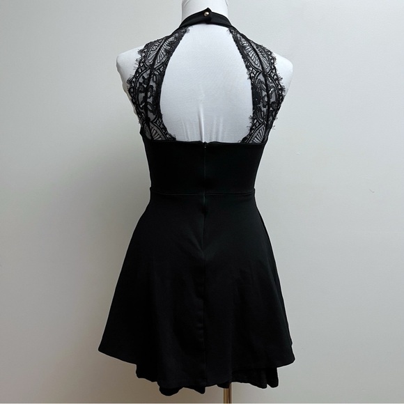Lulu’s Halter Open Back Lace Trim Little Black Skater Dress Small - Picture 5 of 8